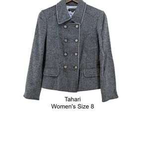 Tahari Womens Grey Tweed Double Breasted‎ Peplum Jacket Blue Piping Size 8